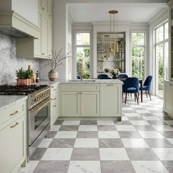 Casa Duet 24X24 Matte Porcelain Checkered Tile in Calacatta And Grigio