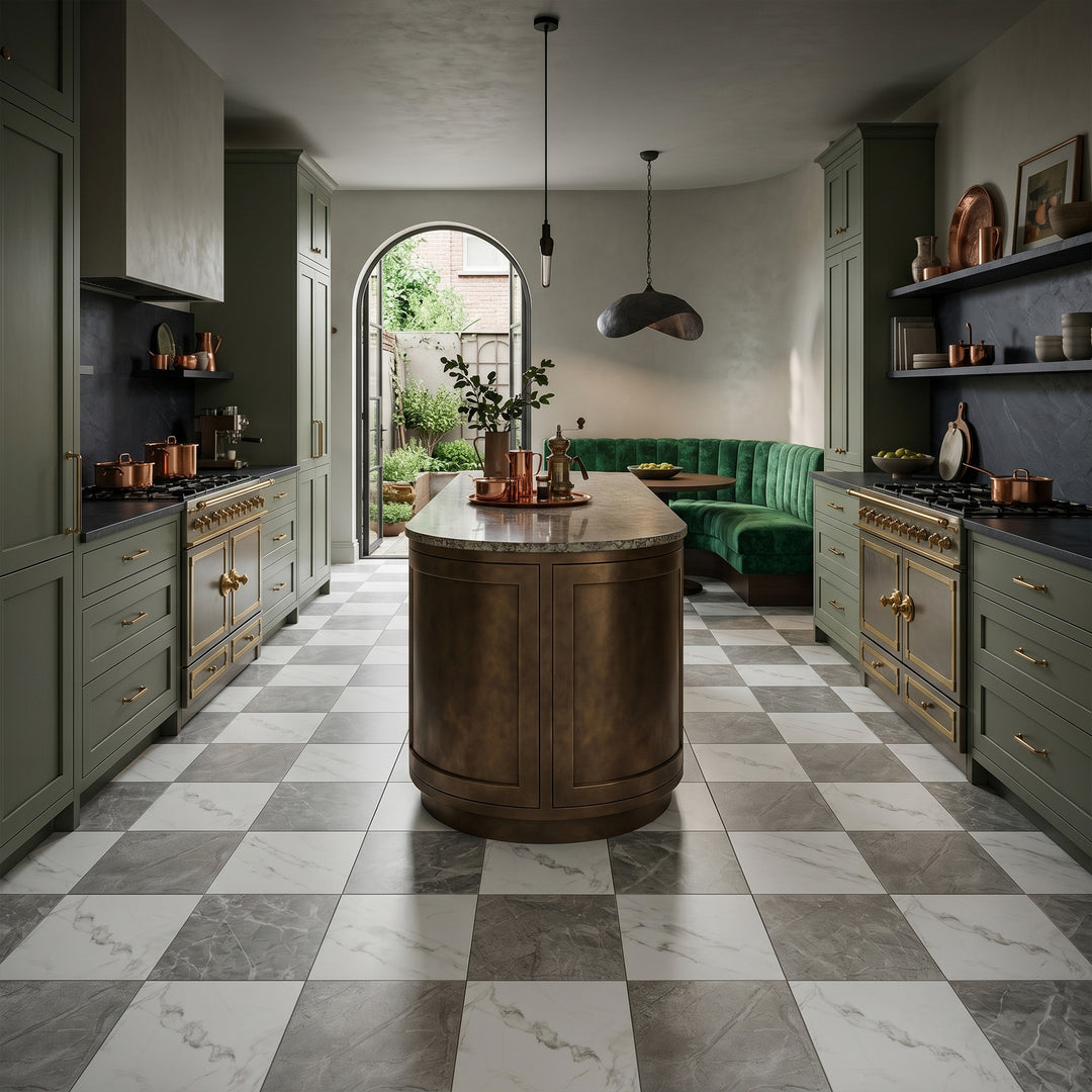 Casa Duet 24X24 Matte Porcelain Checkered Tile in Calacatta And Grigio