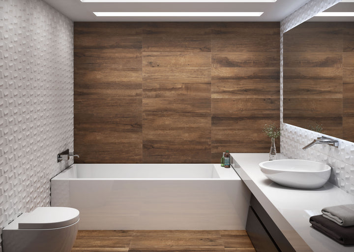 Nuvo Sculptura 12x36 Satin Ceramic Tile featured in a modern bathroom setting, showcasing its sculpted texture and satin finish as a stylish wall accent.