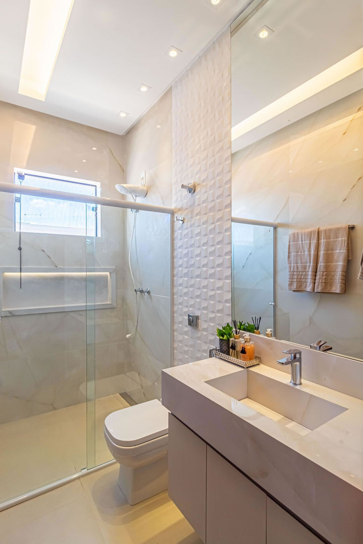 Nuvo Sculptura 12x36 Satin Ceramic Tile installed in a real-world space, adding sculptural texture and understated sophistication to the environment.