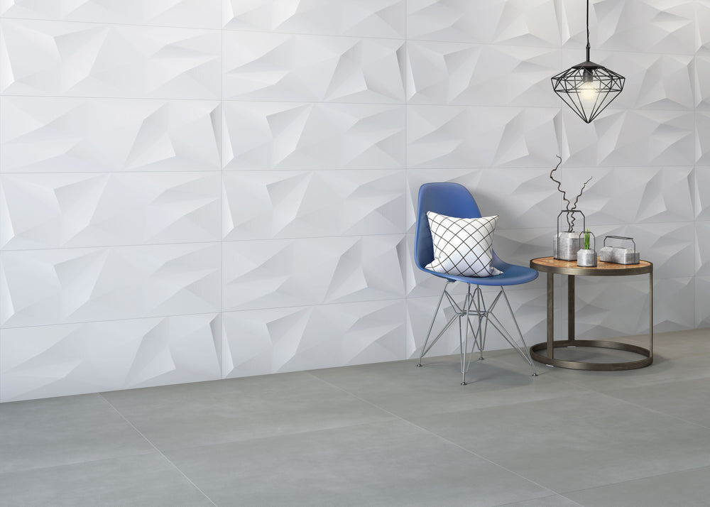 Lifestyle scene with Nuvo Summit 12x36 Satin Ceramic Tile used on a contemporary wall, emphasizing its clean satin surface and elegant linear layout.