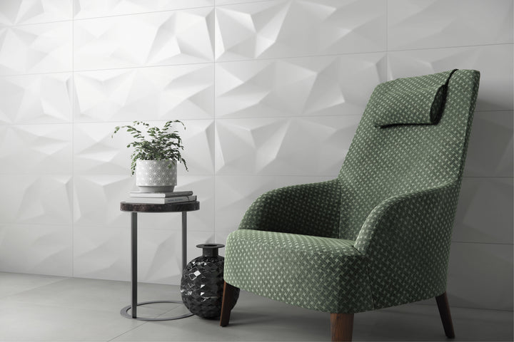 Soft sheen and clean lines define the Nuvo Summit 12x36 Satin Ceramic Tile, enhancing a contemporary interior setting.