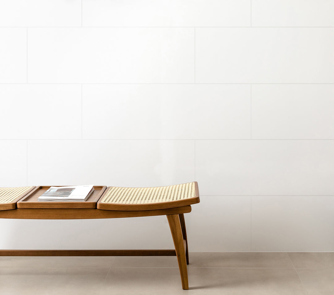 Subtle and calming, the Nuvo Calm 12x36 Satin Ceramic Tile contributes a minimalist aesthetic to the surrounding design.