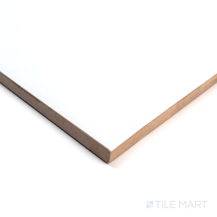 Nuvo Calm 12x36 Satin Ceramic Tile photographed from an angle, emphasizing its soft matte-satin sheen and clean, linear profile.