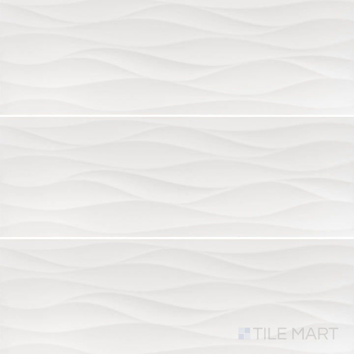 Overview image of Nuvo Wave 12x36 Satin Ceramic Tile featuring a soft satin finish and subtle wave-like texture in a sleek rectangular format.