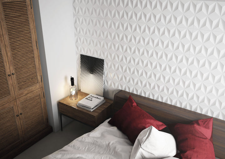 Lifestyle image of Nuvo Pliage 12x36 Satin Ceramic Tile used as a decorative wall element, emphasizing its fold-like texture and refined satin sheen.