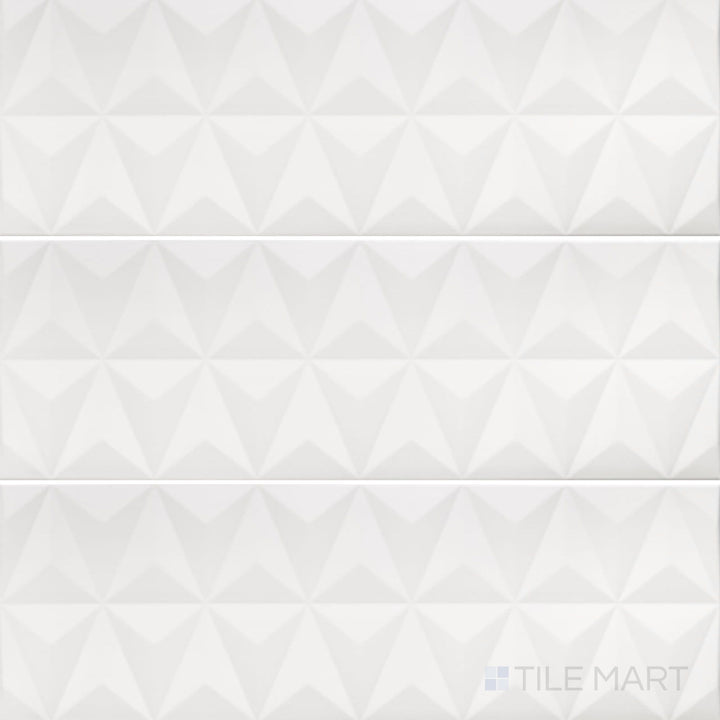 Overview shot of Nuvo Pliage 12x36 Satin Ceramic Tile showcasing its elegant fold-inspired texture and satin finish in a modern rectangular layout.