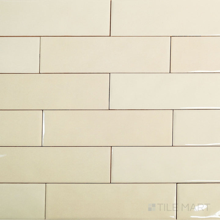 Overview shot of Canvas Sago Pearl 3x10 Glossy Ceramic Tile revealing its pearly off-white color and clean, glossy rectangular format.