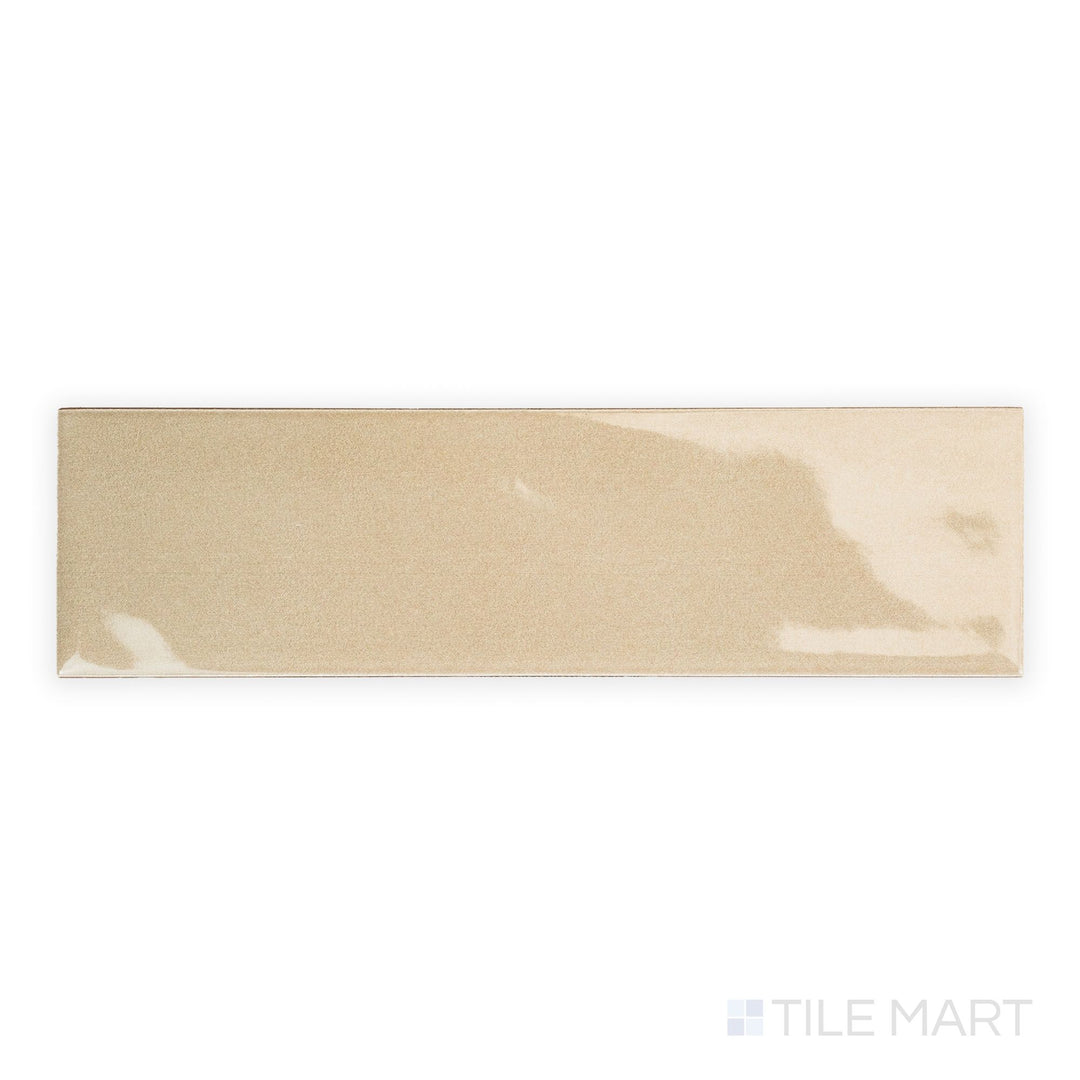Canvas Sago Pearl 3x10 Glossy Ceramic Tile viewed from above, featuring a pearly off-white tone and a high-gloss surface with clean linear proportions.