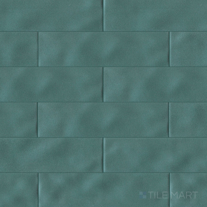 Canvas Midnight Jade 3x10 Glossy Ceramic Tile shown in a full overview shot, highlighting its deep green-blue glaze and reflective ceramic finish.