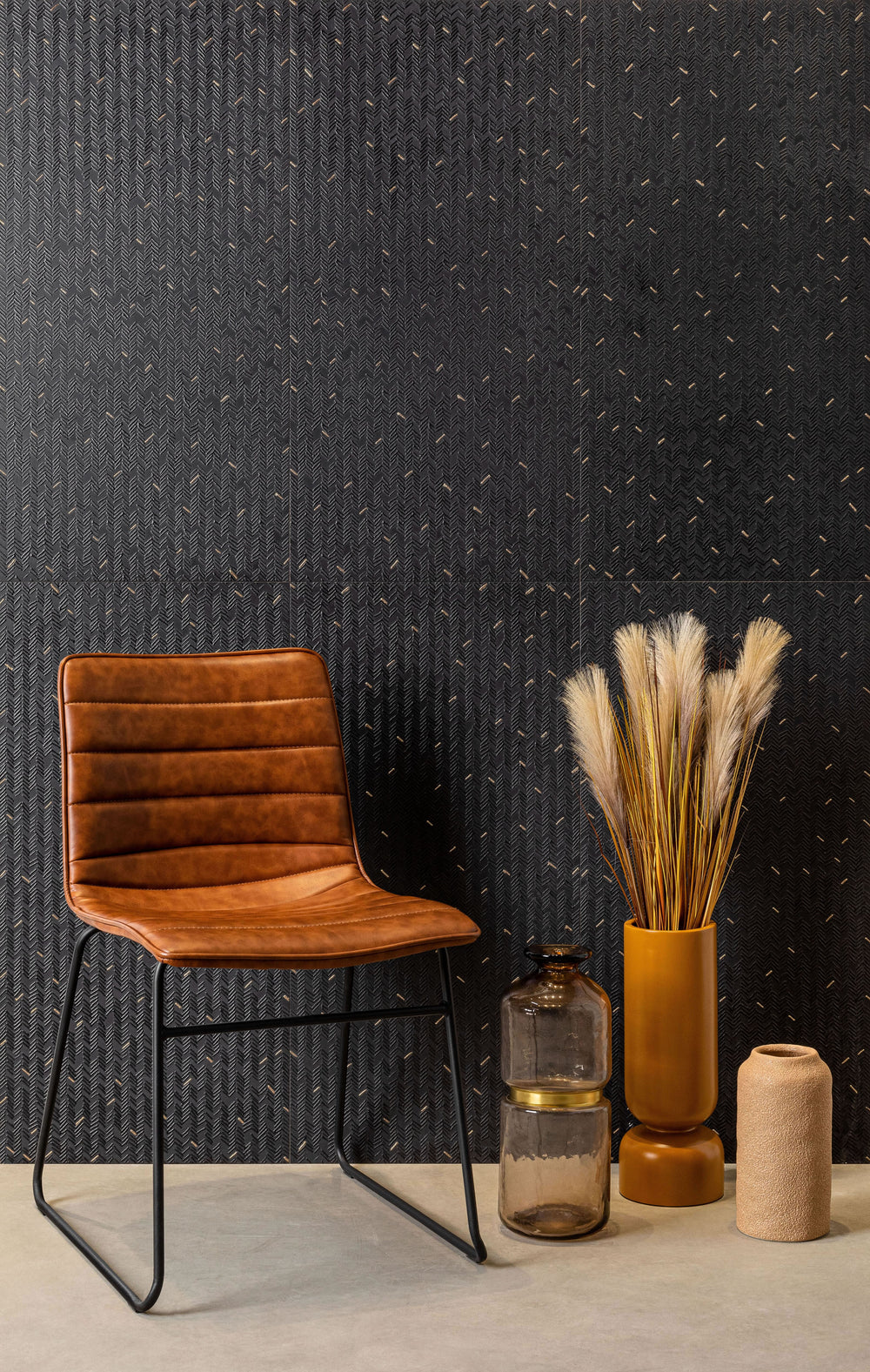 Aurora Noir 12x36 Metallic Ceramic Tile featured in a styled space, where its deep metallic black finish adds bold contrast and modern sophistication.