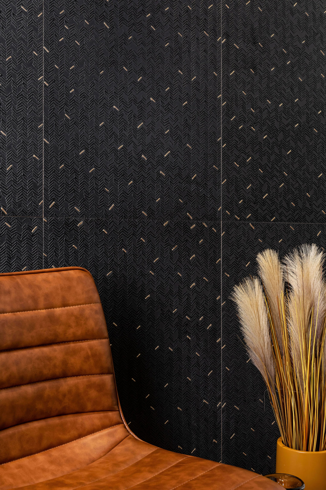 Aurora Noir 12x36 Metallic Ceramic Tile used in a functional setting, delivering bold contrast and a contemporary metallic edge to the layout.