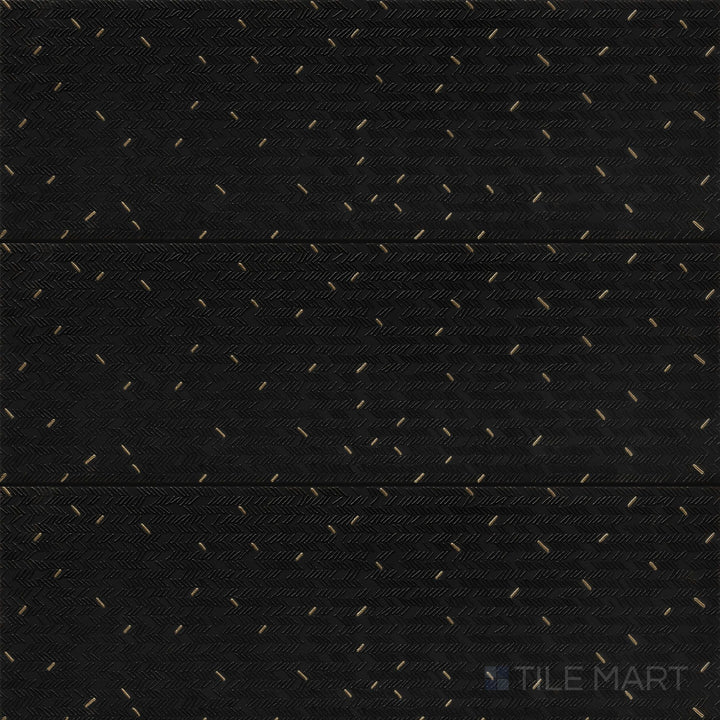 Overview image of Aurora Noir 12x36 Metallic Ceramic Tile highlighting its deep black metallic sheen and sleek rectangular profile, perfect for bold interior designs.