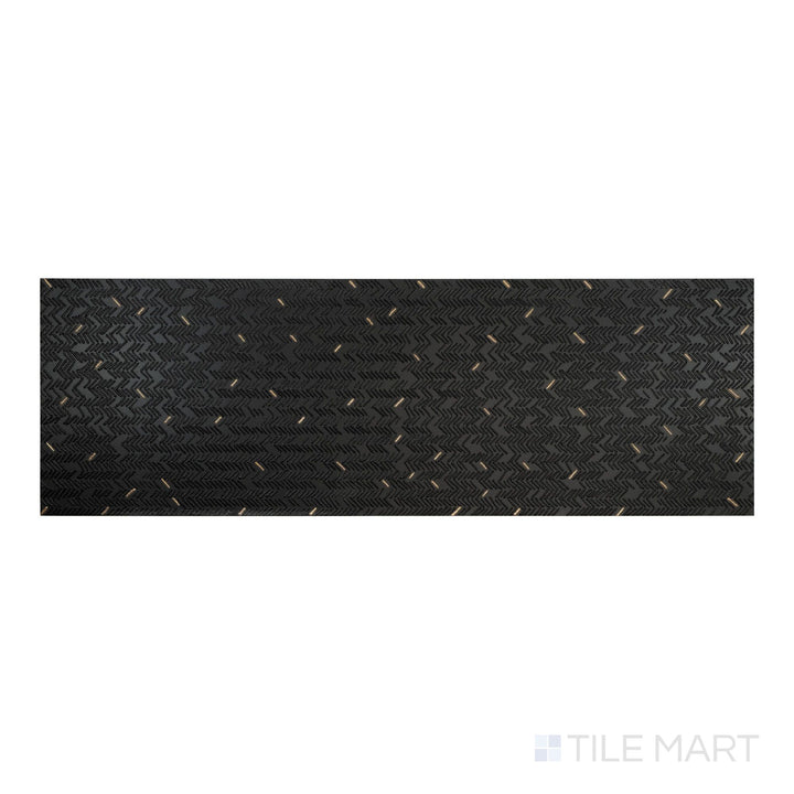 Top-down view of Aurora Noir 12x36 Metallic Ceramic Tile featuring a dramatic black metallic surface with subtle texture and reflective detail.