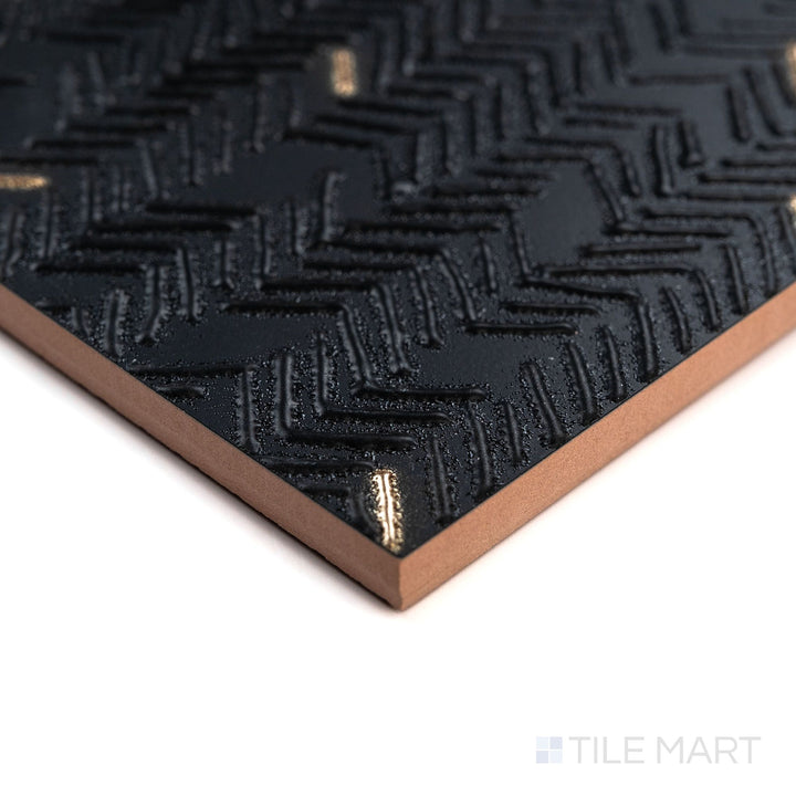 Angled view of Aurora Noir 12x36 Metallic Ceramic Tile showing its deep black metallic surface with a sleek satin sheen and dimensional lighting.