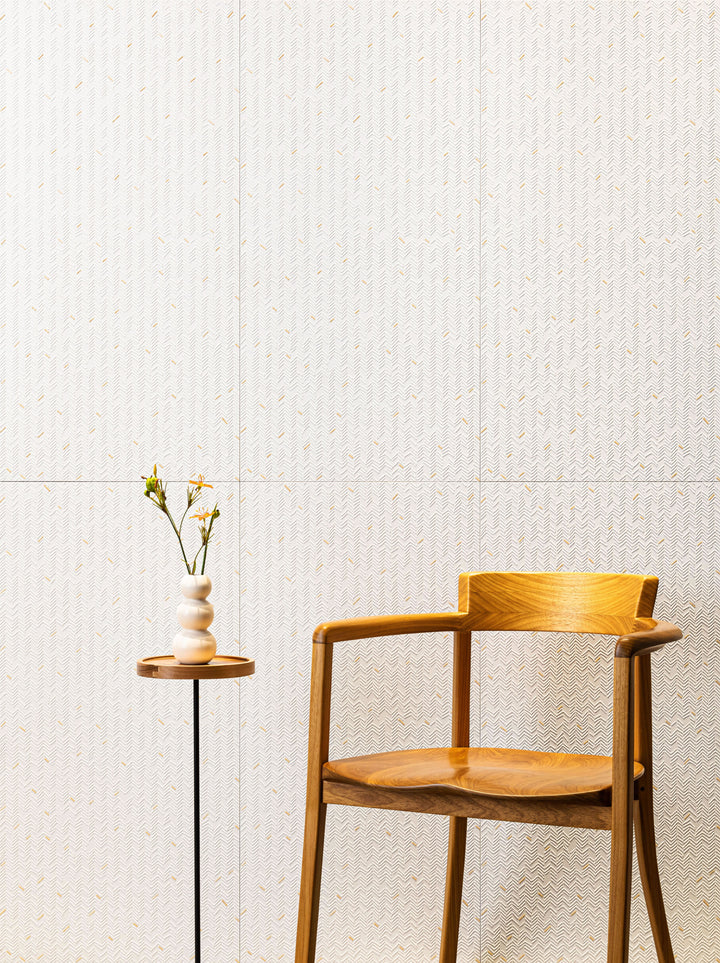 Aurora Blanc 12x36 Metallic Ceramic Tile installed in a bright, elegant setting, enhancing the scene with its luminous white metallic glaze and sleek texture.