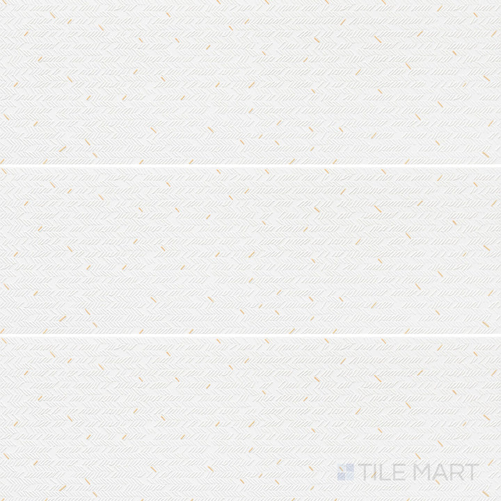 Aurora Blanc 12x36 Metallic Ceramic Tile shown in an overview shot with a shimmering white metallic finish and elongated form ideal for modern wall applications.