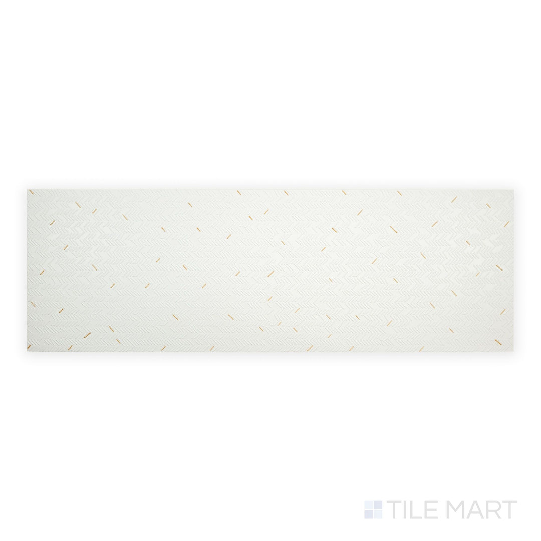 Aurora Blanc 12x36 Metallic Ceramic Tile seen from above, showcasing a clean white metallic sheen with a glossy finish across the full tile.