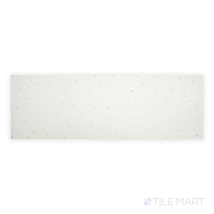 Aurora Blanc 12x36 Metallic Ceramic Tile seen from above, showcasing a clean white metallic sheen with a glossy finish across the full tile.