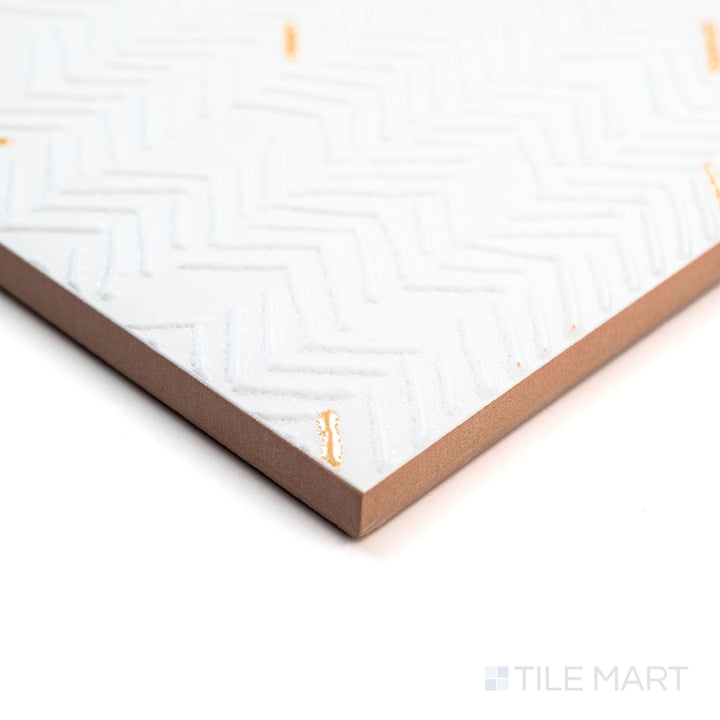 Corner angle of Aurora Blanc 12x36 Metallic Ceramic Tile highlighting its bright metallic white glaze with a lustrous finish and subtle surface detail.