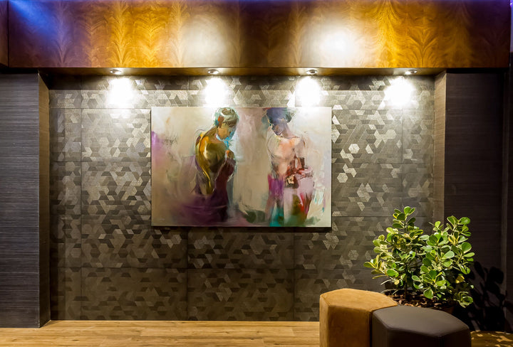 Aurora Gold 12x36 Metallic Ceramic Tile shown in a refined interior, delivering warmth and richness through its radiant gold surface and subtle shimmer.