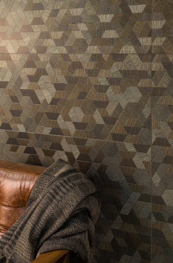 Gold-toned shimmer from the Aurora Gold 12x36 Metallic Ceramic Tile enhances the overall scene, offering both visual warmth and reflective texture.