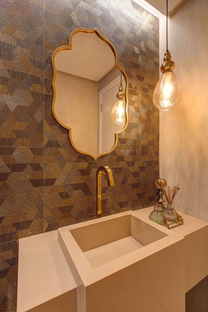 Aurora Gold 12x36 Metallic Ceramic Tile featured in an everyday setting, where its radiant gold finish adds a refined metallic accent to the space.