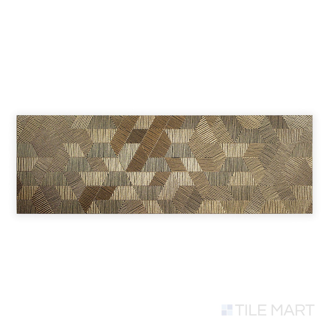 Top-down image of Aurora Gold 12x36 Metallic Ceramic Tile with a radiant gold metallic glaze and smooth surface texture in a modern format.