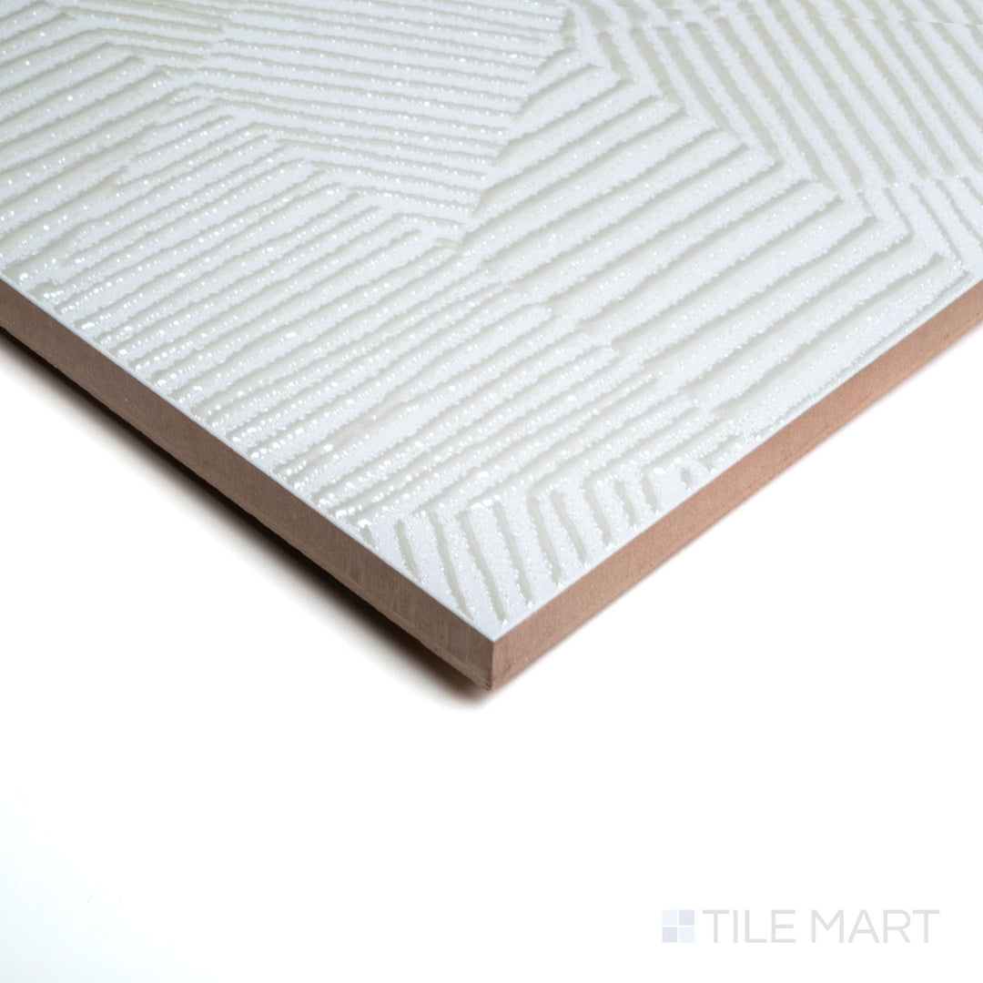 Corner view of Aurora Pearl 12x36 Metallic Ceramic Tile featuring a soft pearlescent glaze and refined shine with angled depth and light effects.