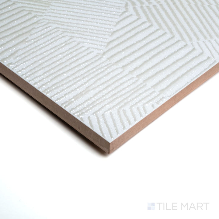 Corner view of Aurora Pearl 12x36 Metallic Ceramic Tile featuring a soft pearlescent glaze and refined shine with angled depth and light effects.