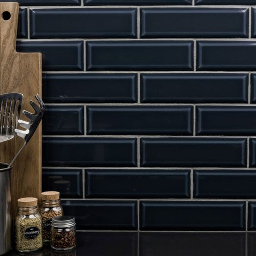 Boutique Sleek Indigo 3X9 Glossy Ceramic Subway Beveled Tile