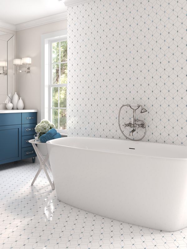 Striking indigo blue tiles from the Boutique Sleek series add contrast and character to this sleek, contemporary room.