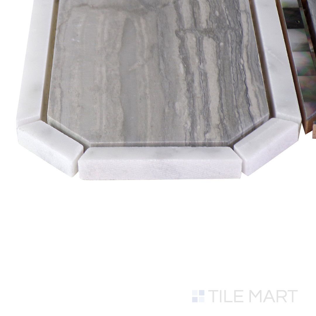 Corner shot of the beige and tan ceramic tile from the Boutique Sleek series, highlighting its material composition and slim profile.