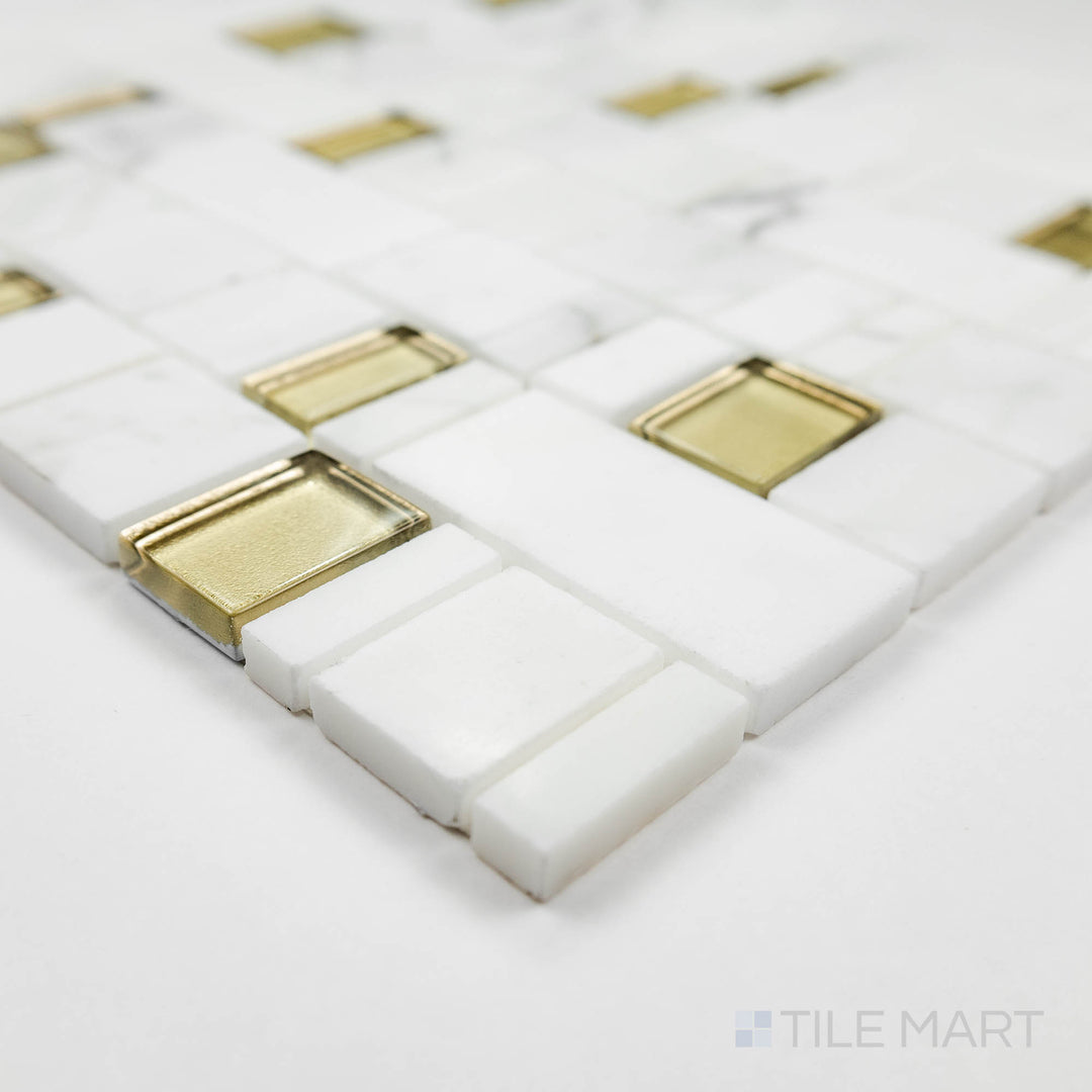 Corner shot of the tan and beige tile, emphasizing its thickness and high-quality ceramic material.