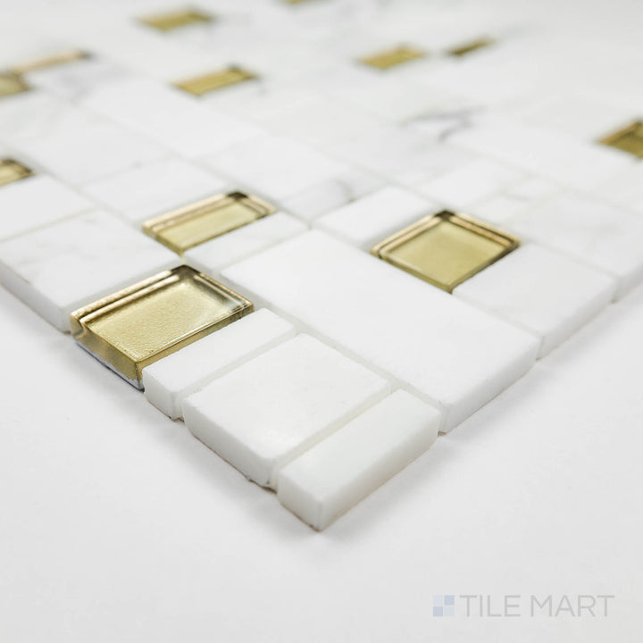 Corner shot of the tan and beige tile, emphasizing its thickness and high-quality ceramic material.