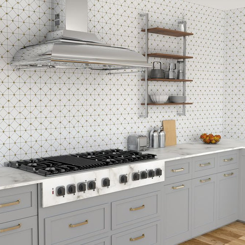 Dazzle Gold Limelight Honed Thassos, Glass Mosaic