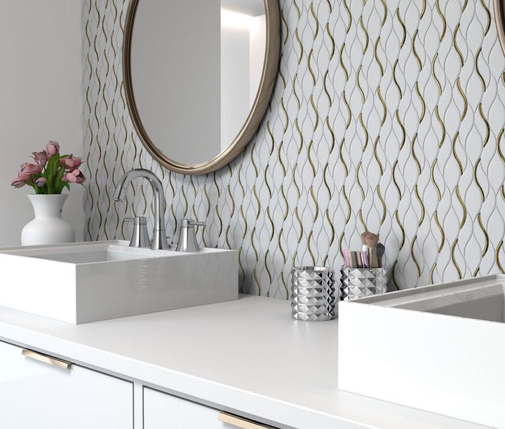 Sophisticated symmetry meets golden radiance in Dazzle Gold Symmetry polished mosaic, enhancing the space with warmth.