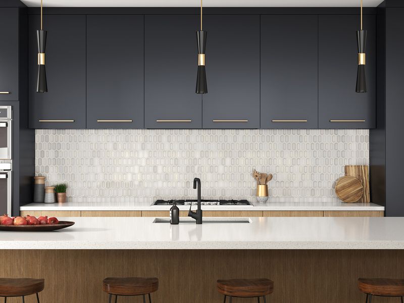 A warm and inviting area with tan and beige tiles, providing a polished, natural backdrop for modern furnishings.