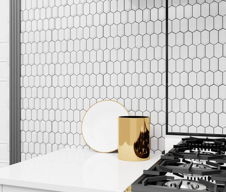 A stylish space featuring Foundations Plaster Framework Inverted Bevel glossy ceramic mosaic, highlighting its structured design and high-gloss finish.