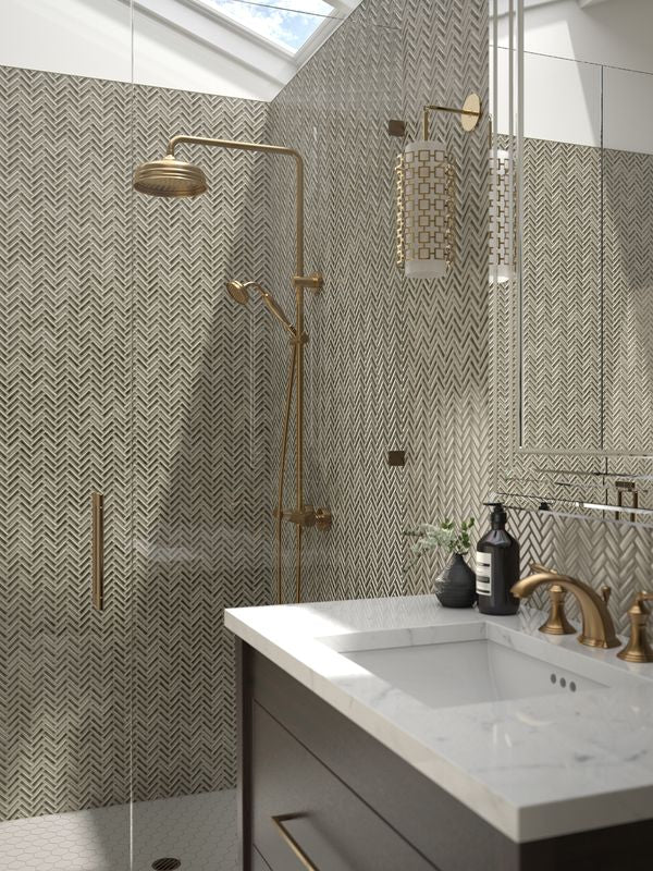 A warm and inviting area with tan and beige tiles, providing a polished, natural backdrop for modern furnishings.