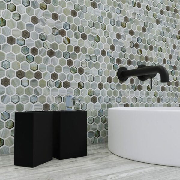 Rich lagoon tones and a glossy finish bring depth and vibrancy to Glassique Lagoon Brocade glass mosaic.