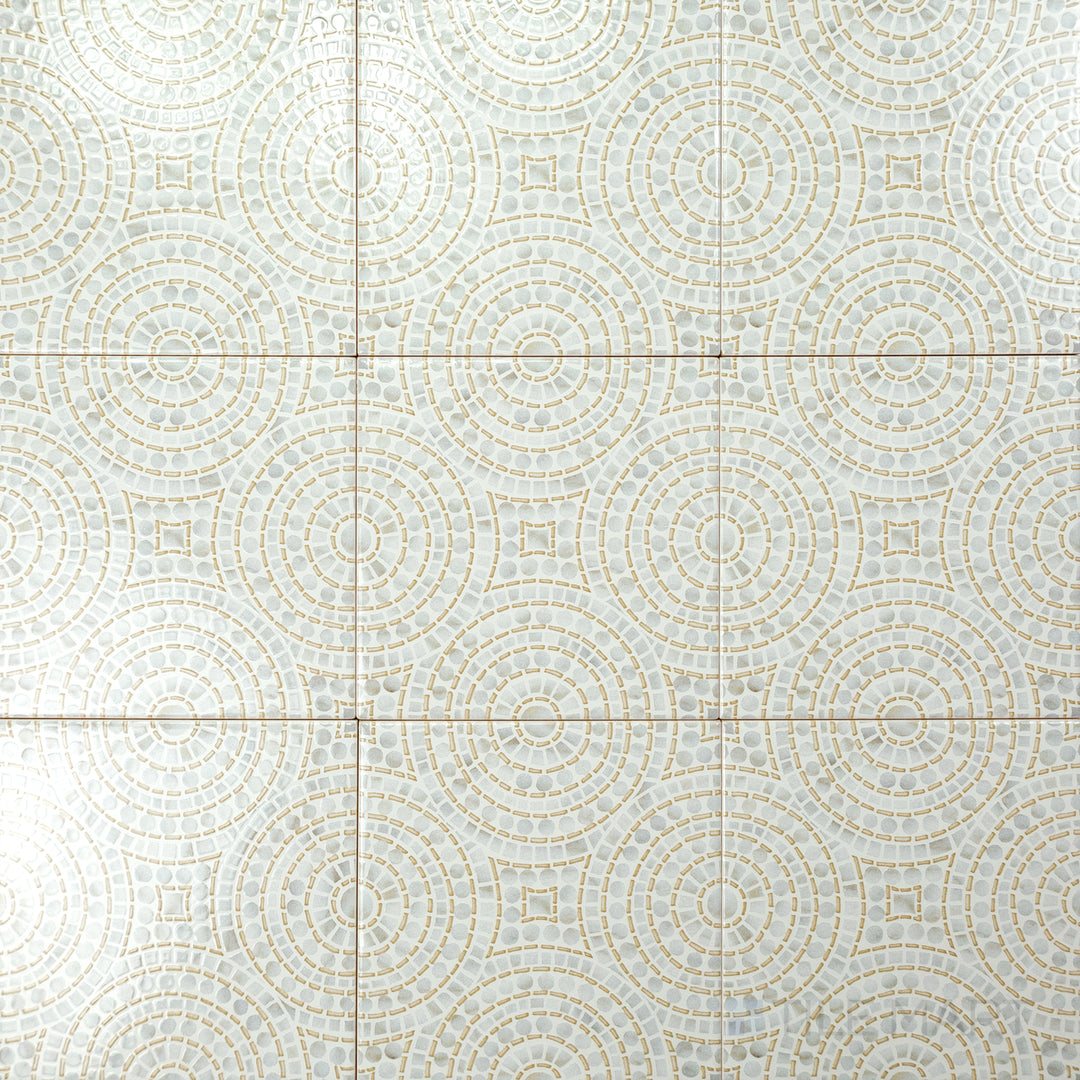 A beige tile with intricate tonal patterns, accented by a matte finish that adds understated elegance to any space.