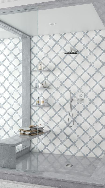 The dark gray and black tile from the Boutique Sleek series adds sophistication and depth to this contemporary space.