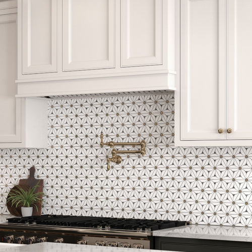 Panache Black, Gold And White Daisy Layne Polished Marble Mosaic