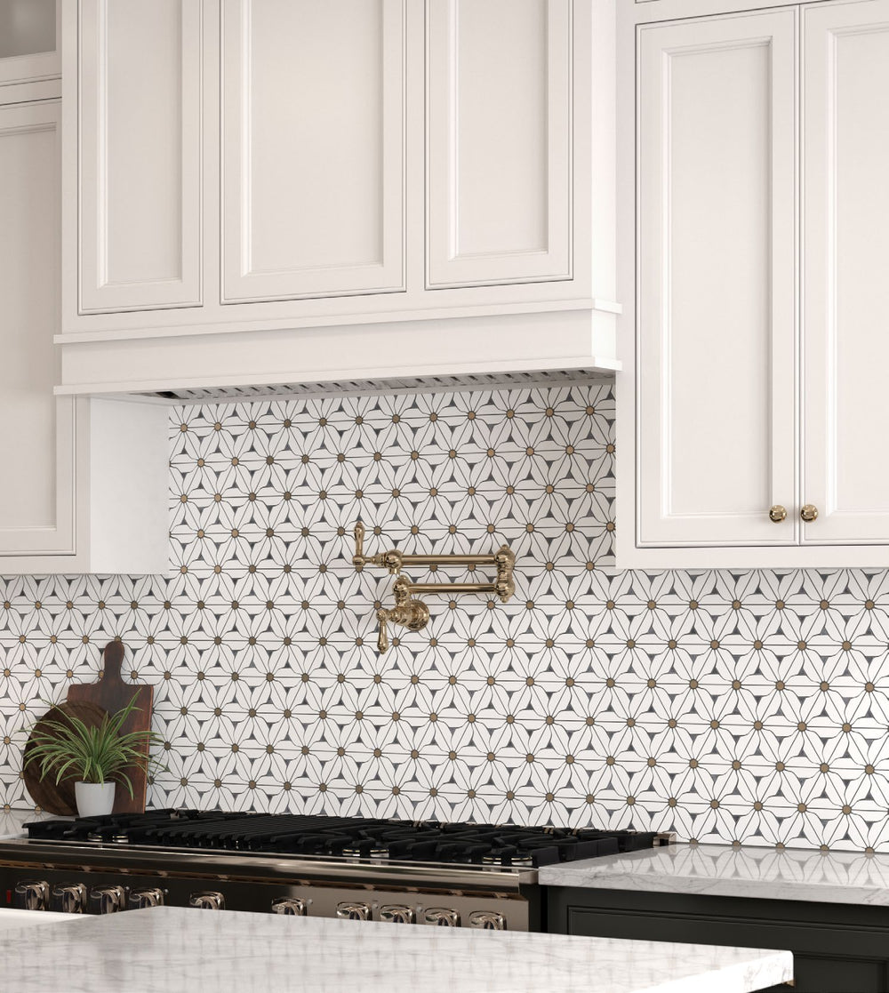 A warm and inviting area with tan and beige tiles, providing a polished, natural backdrop for modern furnishings.