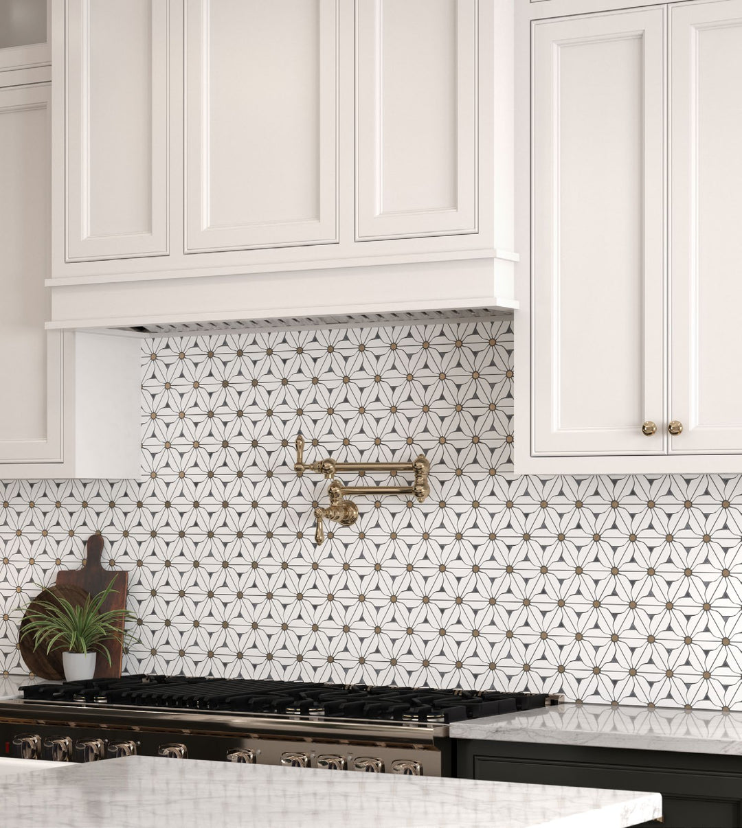 A warm and inviting area with tan and beige tiles, providing a polished, natural backdrop for modern furnishings.