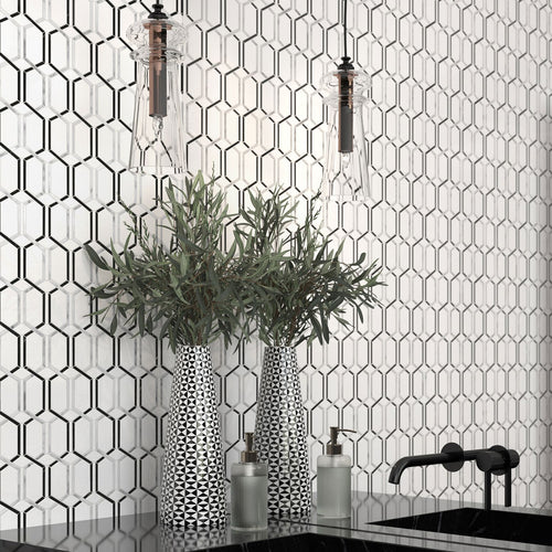 Panache Black, Gray And White Nouveau Geo Polished Marble Mosaic