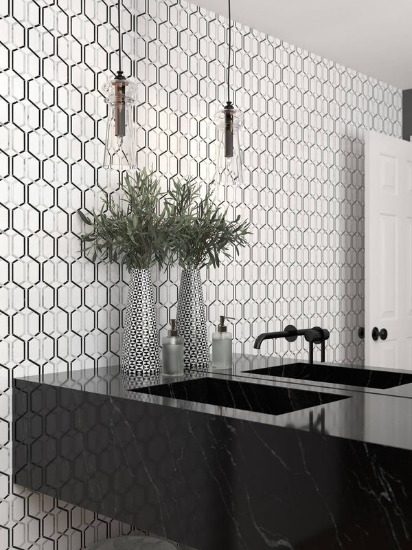 A dynamic mix of black, gray, and white polished marble, Panache mosaic offers a timeless and artistic appeal.