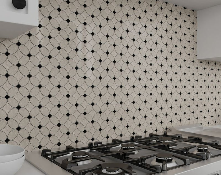 Striking indigo blue tiles from the Boutique Sleek series add contrast and character to this sleek, contemporary room.