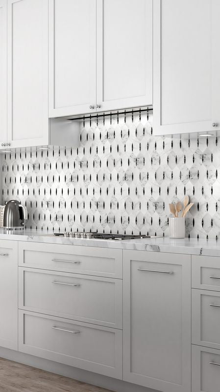 A striking contrast of black and white tones in a polished marble and glass blend enhances the space with bold sophistication using Panache Black and White polished marble glass mosaic.